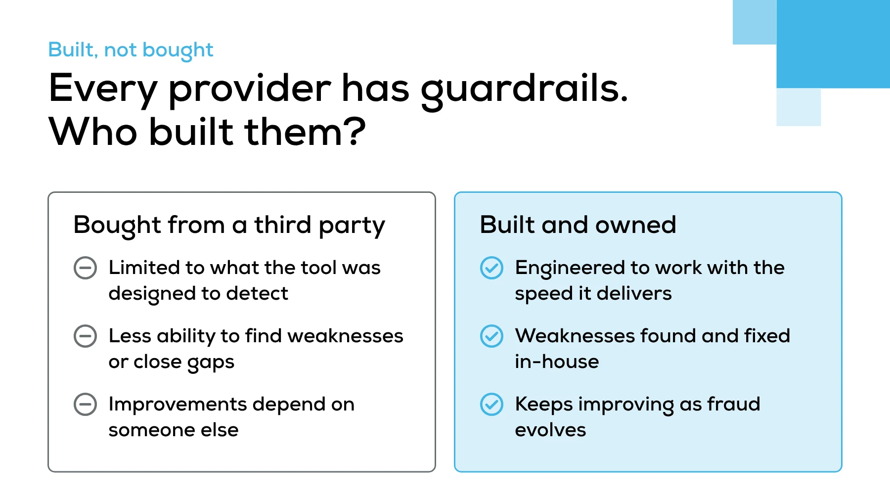 Comparison of bought and built fraud detection guardrails. Bought from a third party: limited to what the tool was designed to detect, less ability to find weaknesses or close gaps, improvements depend on someone else. Built and owned: engineered to work with the speed it delivers, weaknesses found and fixed in-house, keeps improving as fraud evolves.
